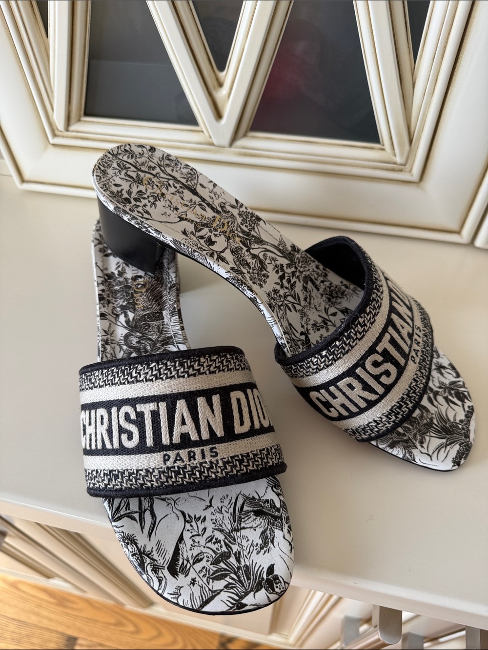 Christian Dior Black & White Embroidered Logo Slide Mules